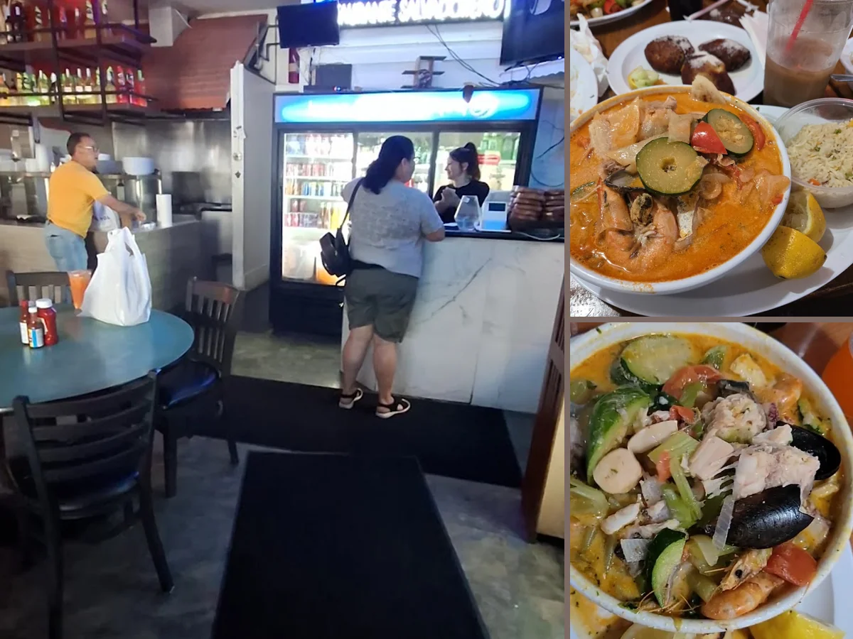 Outdoor seating beside a busy Salvadoran restaurant.