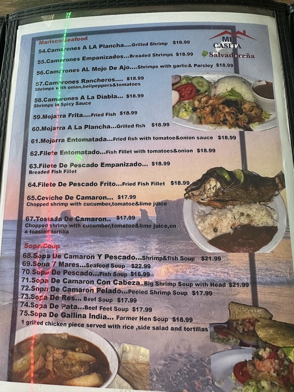 Salvadoran dishes listed with drinks and desserts.